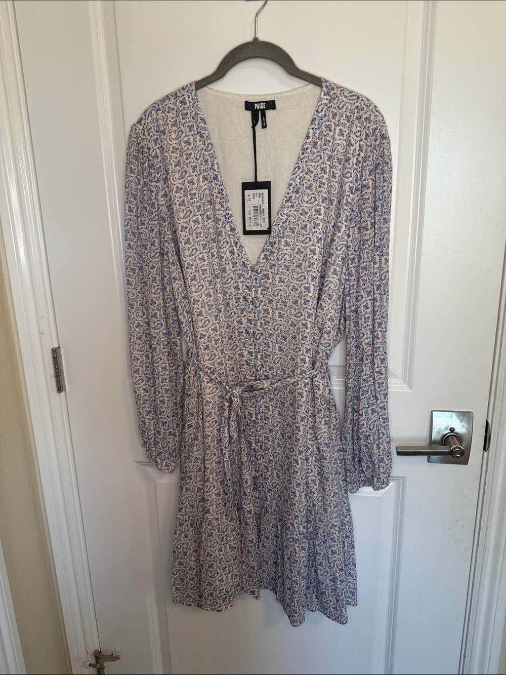 NWT PAIGE Long Sleeve V-Neck Floral Mini Dress in Blue and White